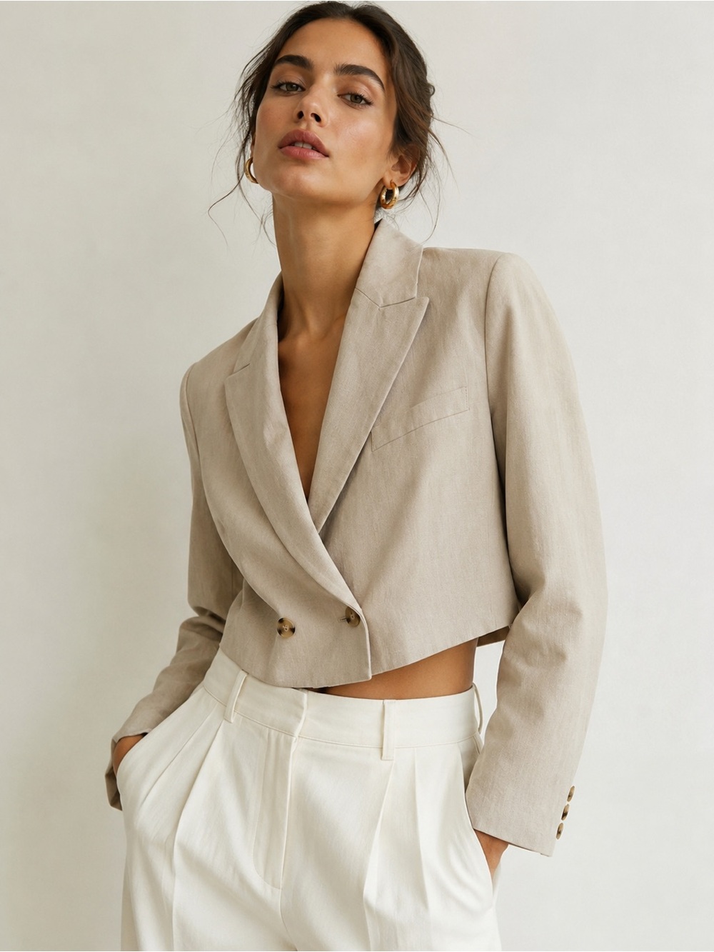 Zara Cropped Double-Breasted Linen Blend Blazer Jacket Beige Women’s M
